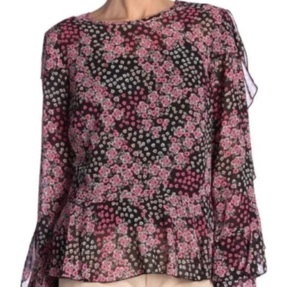 NANETTE Nanette Lepore Printed Ruffle Blouse Black Floral - Picture 1 of 15